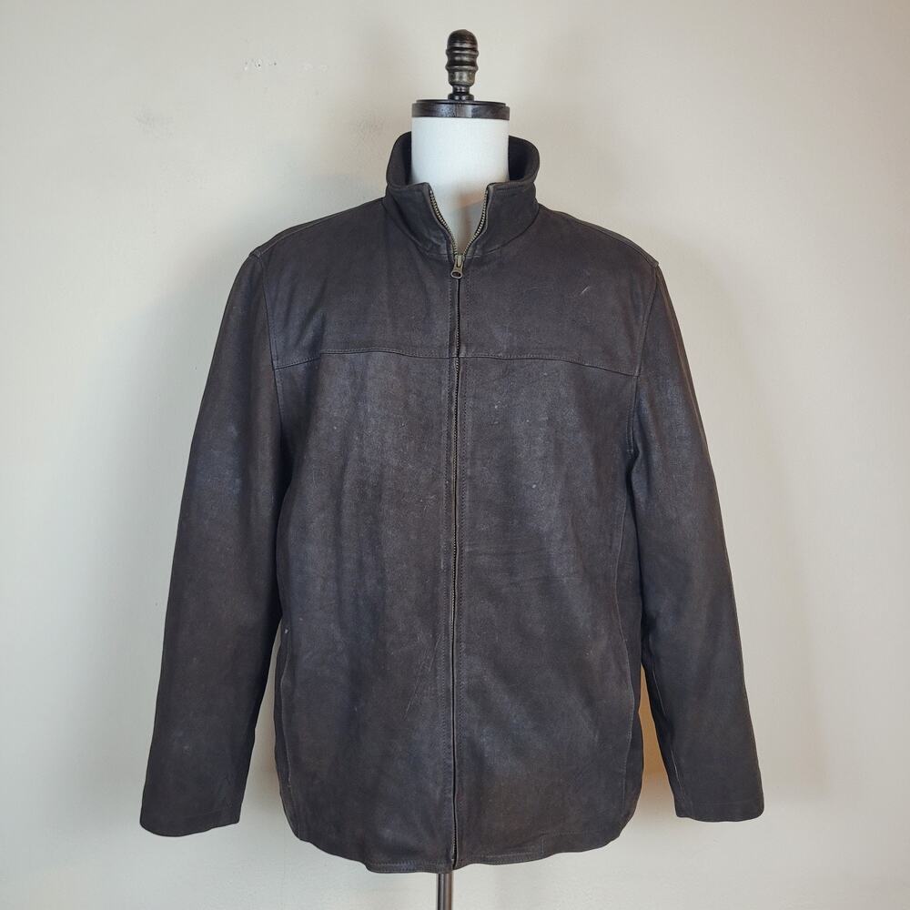 VTG Structure Jacket Mens XL Brown Leather Zip Classic Minimalist 90s Patina